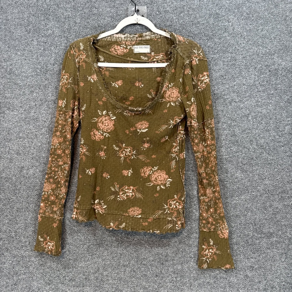 We The Free Shirt Women Large Green Thermal Waffle Knit Floral Long Sleeve Y2K